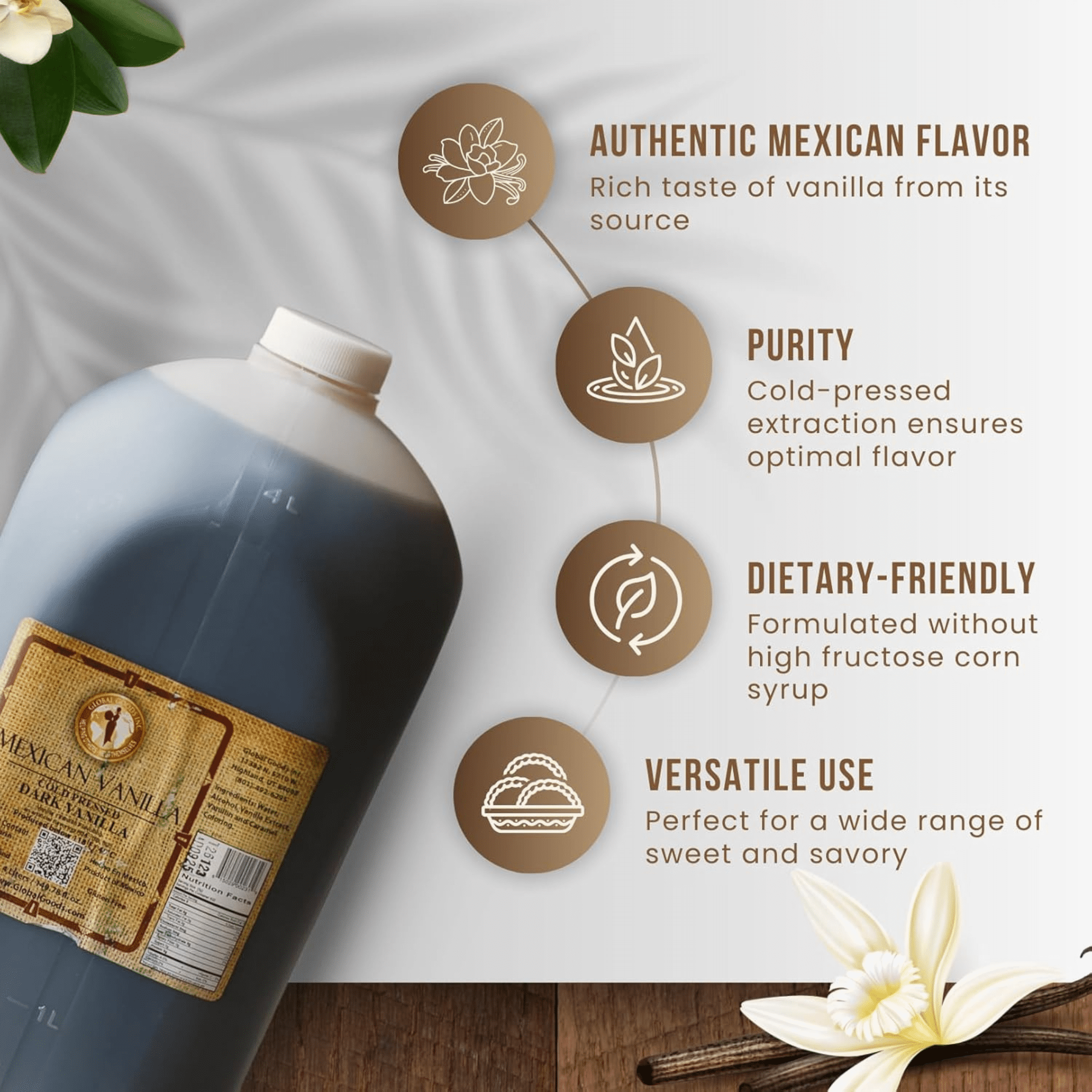 Pure Dark Mexican Vanilla Extract Gluten Free Vanilla for Baking Cakes, Cookies, Desserts, Coffee & Beverages Natural, Bold Flavour 4 Liter / 135.25 fl oz bottle