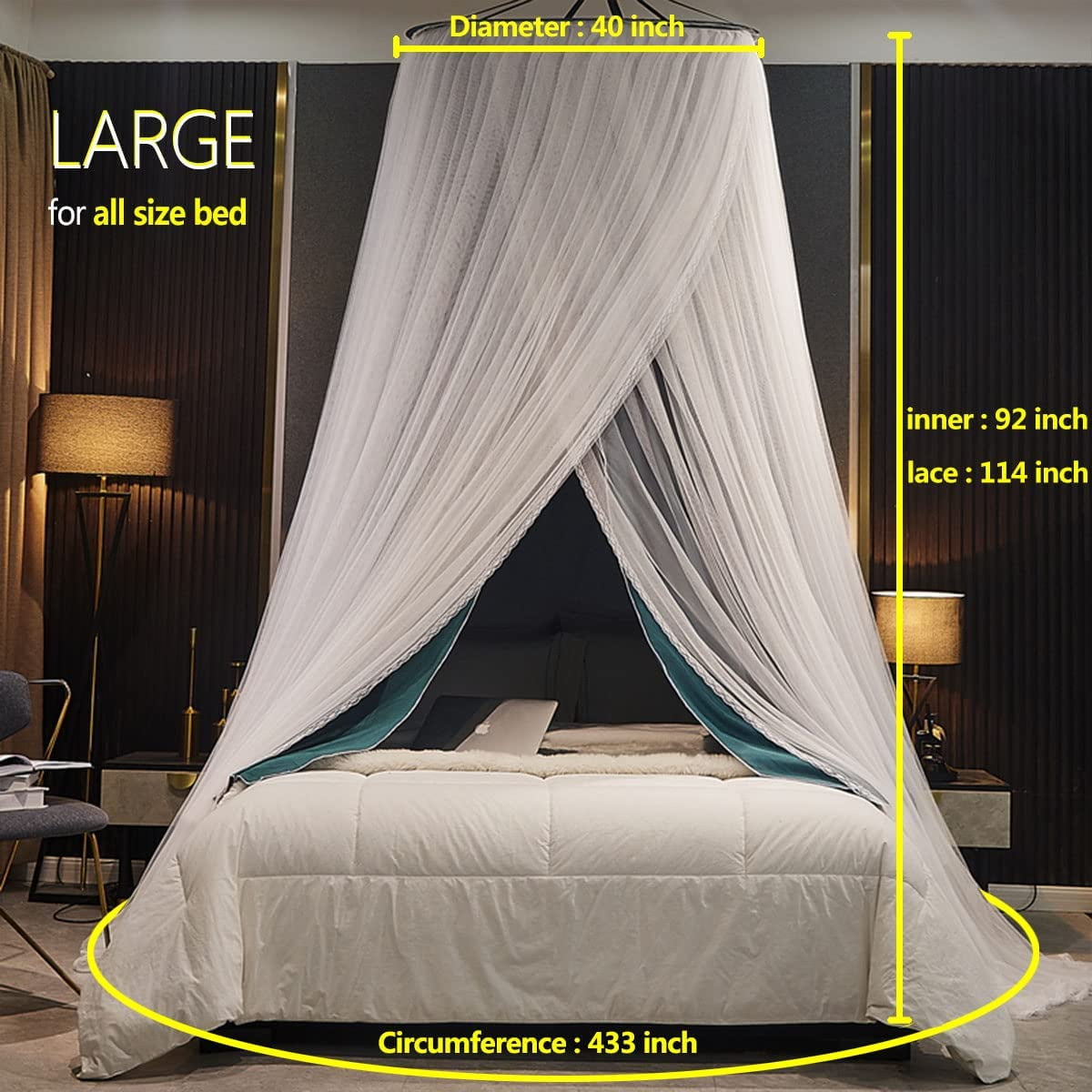 Luxurious Bed Canopy for Girls & Adults - Double Layer Princess Canopy with Lace, Round Dome Mosquito Netting for Queen/King Bed Tent (Peacock Blue)