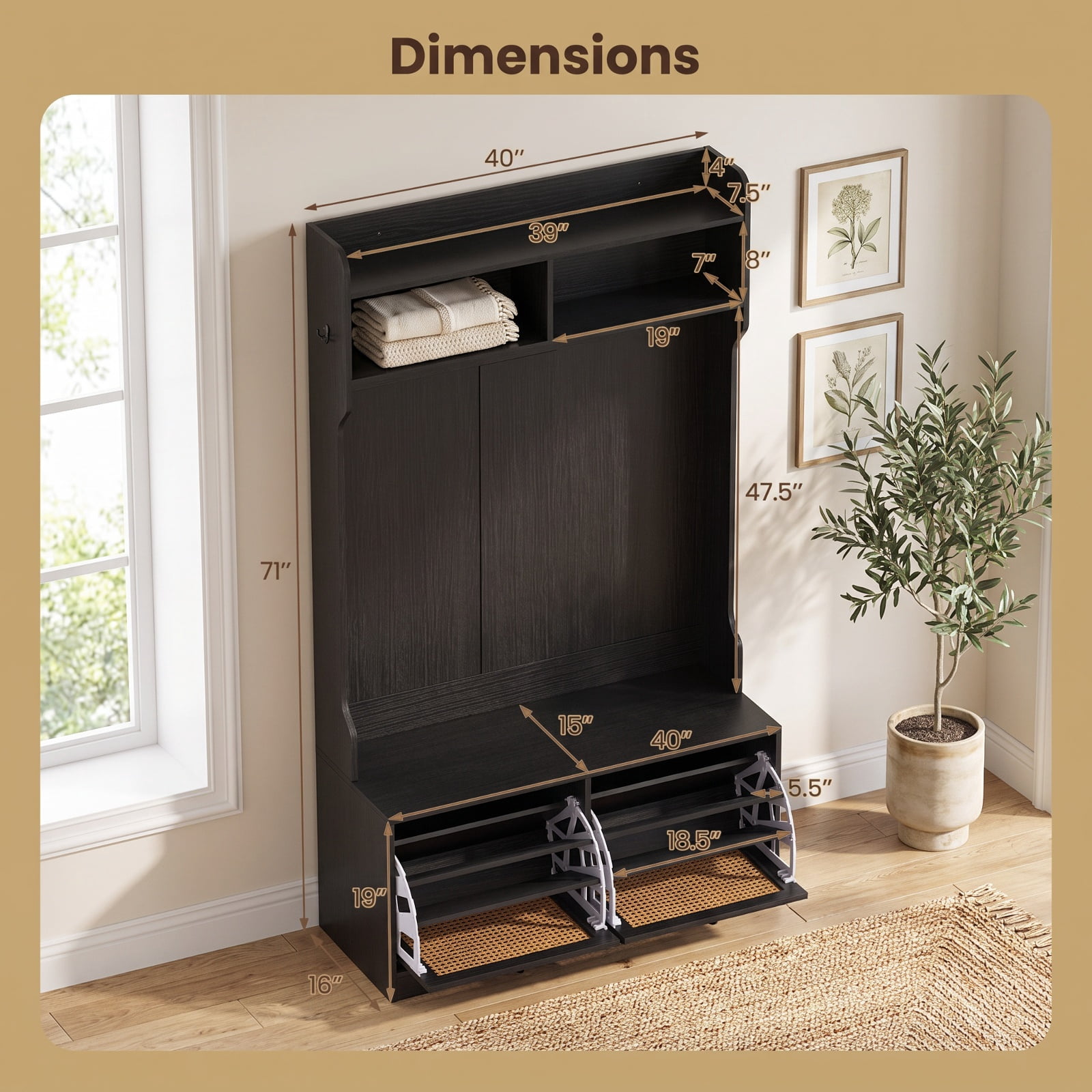 Furnibear 4 in 1 Entryway Hall Tree with Coat Rack and Flip Drawers and Storage Bench for Mudroom and Foyer and Hallway, Black