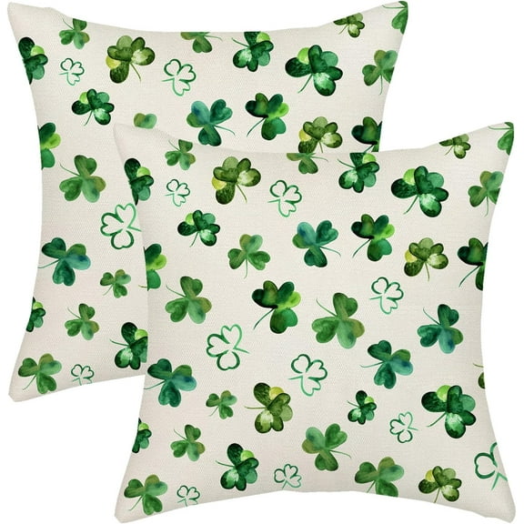 St. Patrick's Day Pillow Covers Set of 2 18x18 Inch Watercolor Green Clover Decor Throw Pillows Case for Couch Shamrocks Spring Indoor Outdoor Decorative Cushion Cases Celebrate Irish Heritage
