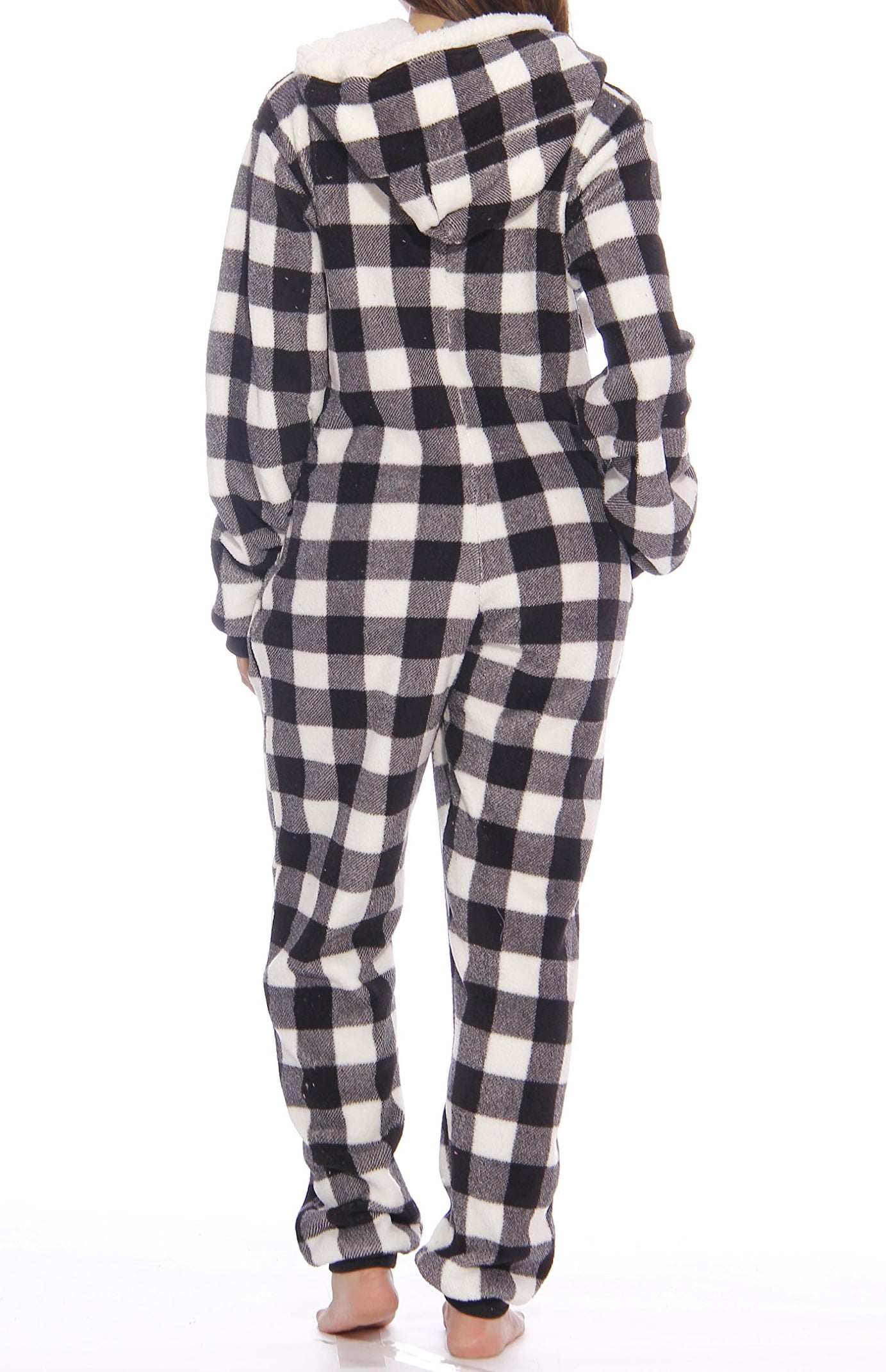 Just Love Buffalo Plaid Adult Bodysuit Faux Shearling Lined Hoody One Piece Pajamas (White Buffalo Plaid, X-Small)