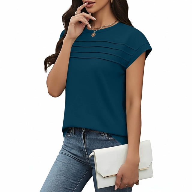Craaazy Women's Relaxed Fit Crew Neck Blouse, Solid Color Short Sleeve Pleated Top, Loose Comfy Casual Tee for Spring & Summer Gifts