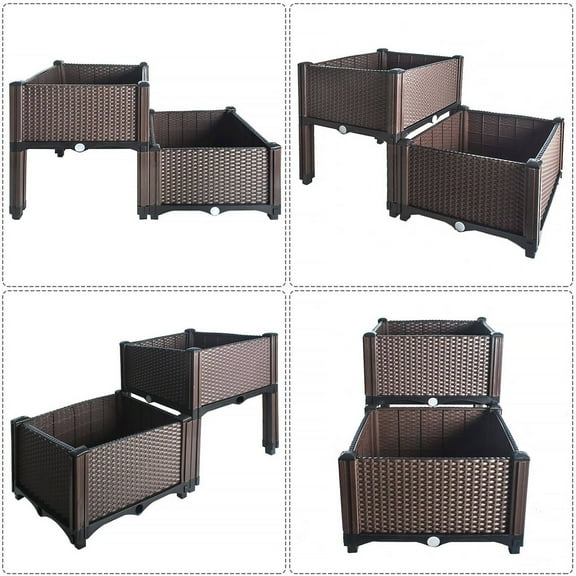 2PCS Elevated Plastic Raised Garden Bed Planter Kit for Flower Vegetable Grow Brown