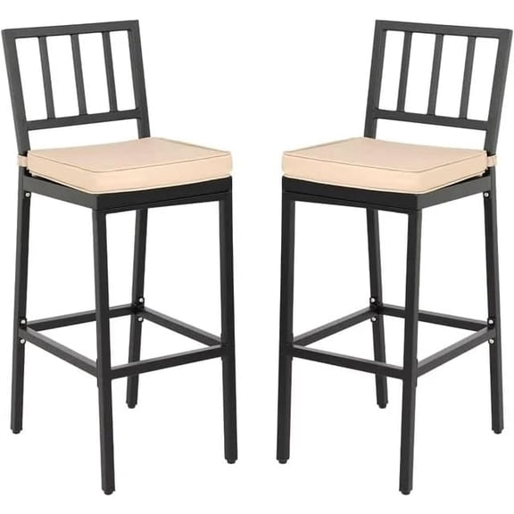 Set of 2 Pack Metal Dining Bar Stools, Outdoor Bar Height Stool with High Back & Cushions,Heavy-Duty Metal Frame, 29" Barstools for Backyard, Balcony,Black