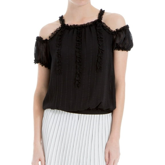 Max Studio London Womens Ruffled Cold Shoulder Knit Blouse, Black, Small