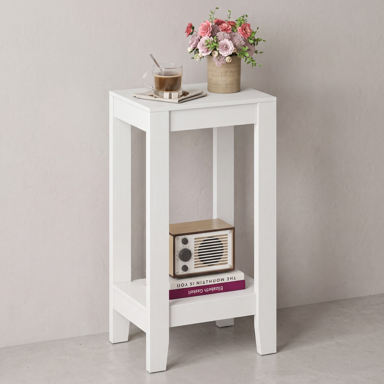 Furnibear 2-Tier Nightstand End Side Table with Wooden Legs and Storage Shelf for Bedroom Living Room Sofa Side, Anti-Toppling Narrow Bedside Accent Table, White