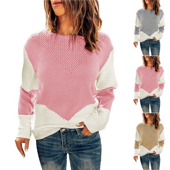 Danhjin Cotton Sweater Tops for Women Oversized Crew Neck Long Sleeve Fall Winter Pullover Stretchy Color Block Shirts Fashion Comfy Soft Loose Cozy Loungewear Outdoor Knitwear Blouses