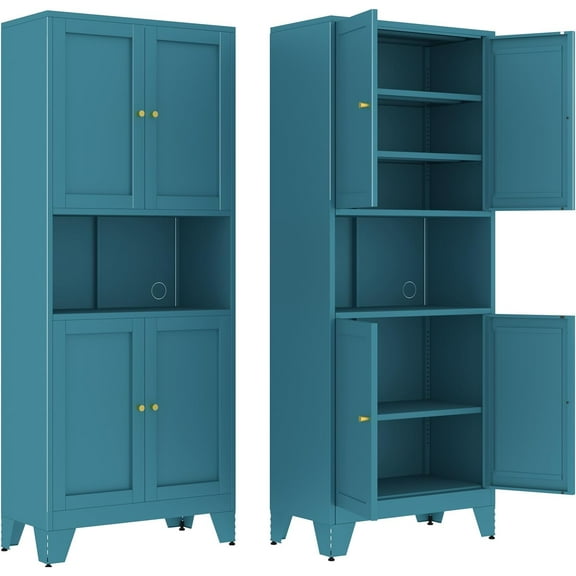 Tall Kitchen Pantry Storage Cabinet with Doors and Adjustable Shelves,Metal Cabinet with Microwave Stand,Large Freestanding Floor Cupboard for Living Room,Bathroom,Home Office (Blue)