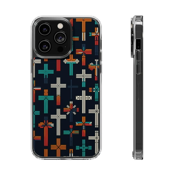 DistinctInk Hybrid (Acrylic / TPU) Clear Slim Fit Case for Apple iPhone 14 Pro MAX (6.7" Screen) - "Vibrant Crosses: Bold and Minimalistic Pattern"