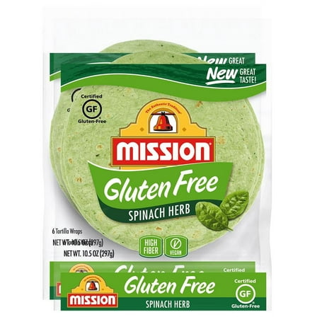 Mission Gluten Free Spinach Herb 8" Tortilla Wraps, Trans Fat Free, High Fiber, 10.5 oz. 6 Count - 2 Pack