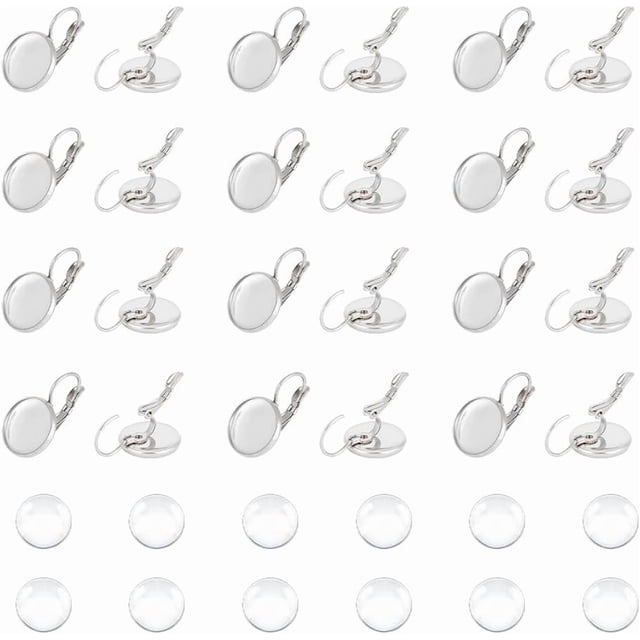 30 juegos de aretes con base de palanca y cabujones de acero inoxidable, piezas redondas con cabujones de vidrio de 12 mm.