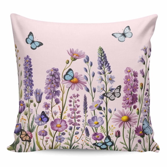 Throw Pillow Covers 18x18 Inch, Watercolor Floral Decorative Pillow Cases for Couch Sofa Bed, Spring Lavender Daisy Butterflies Pink Cotton Linen Square Home Decor Pillowcases with Hidden Zipper