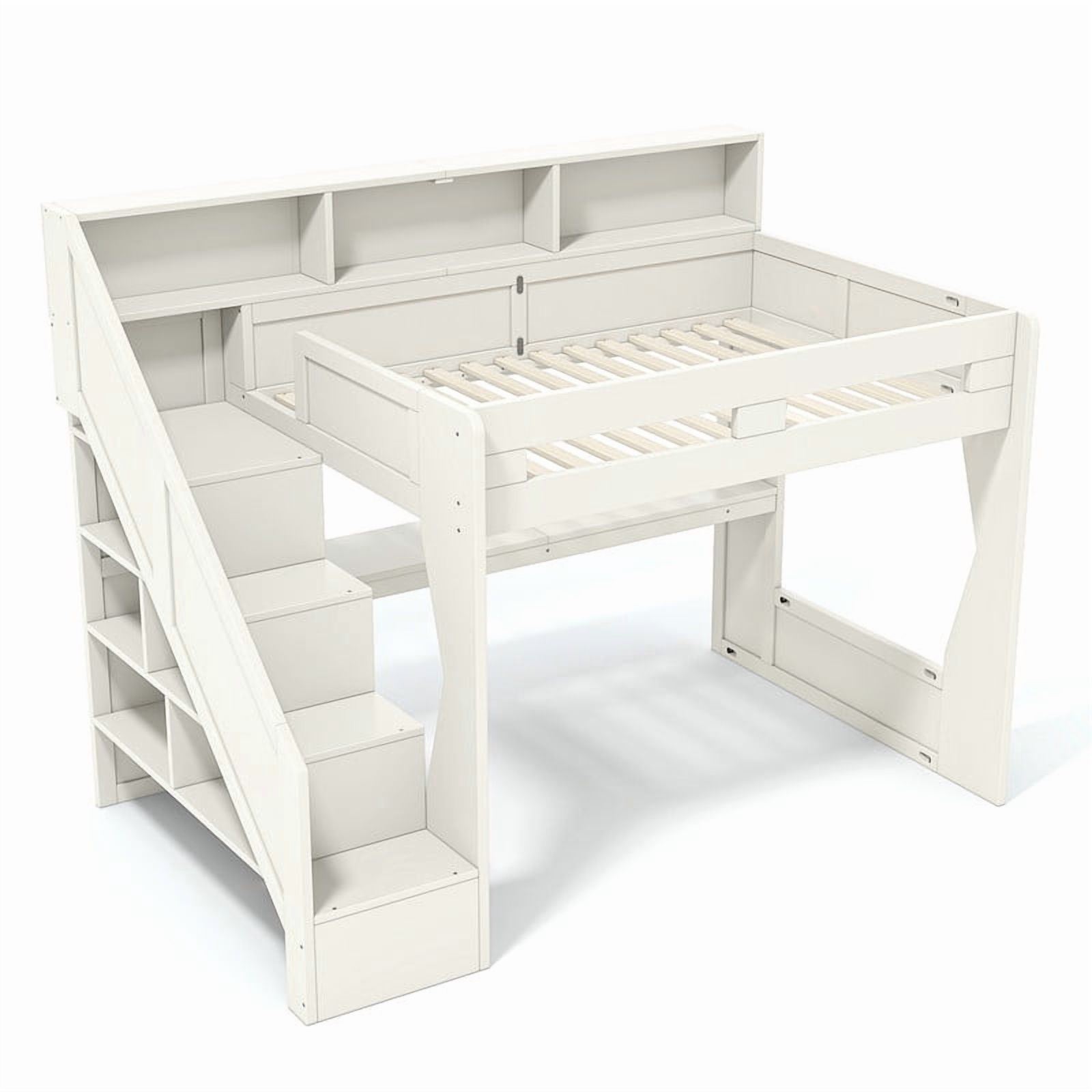 Full Size Teens Gaming Bed Frame with Storage Stair & Open Headboard Shelves, Wood Loft Bed with LED Light & Power Outlet Desk