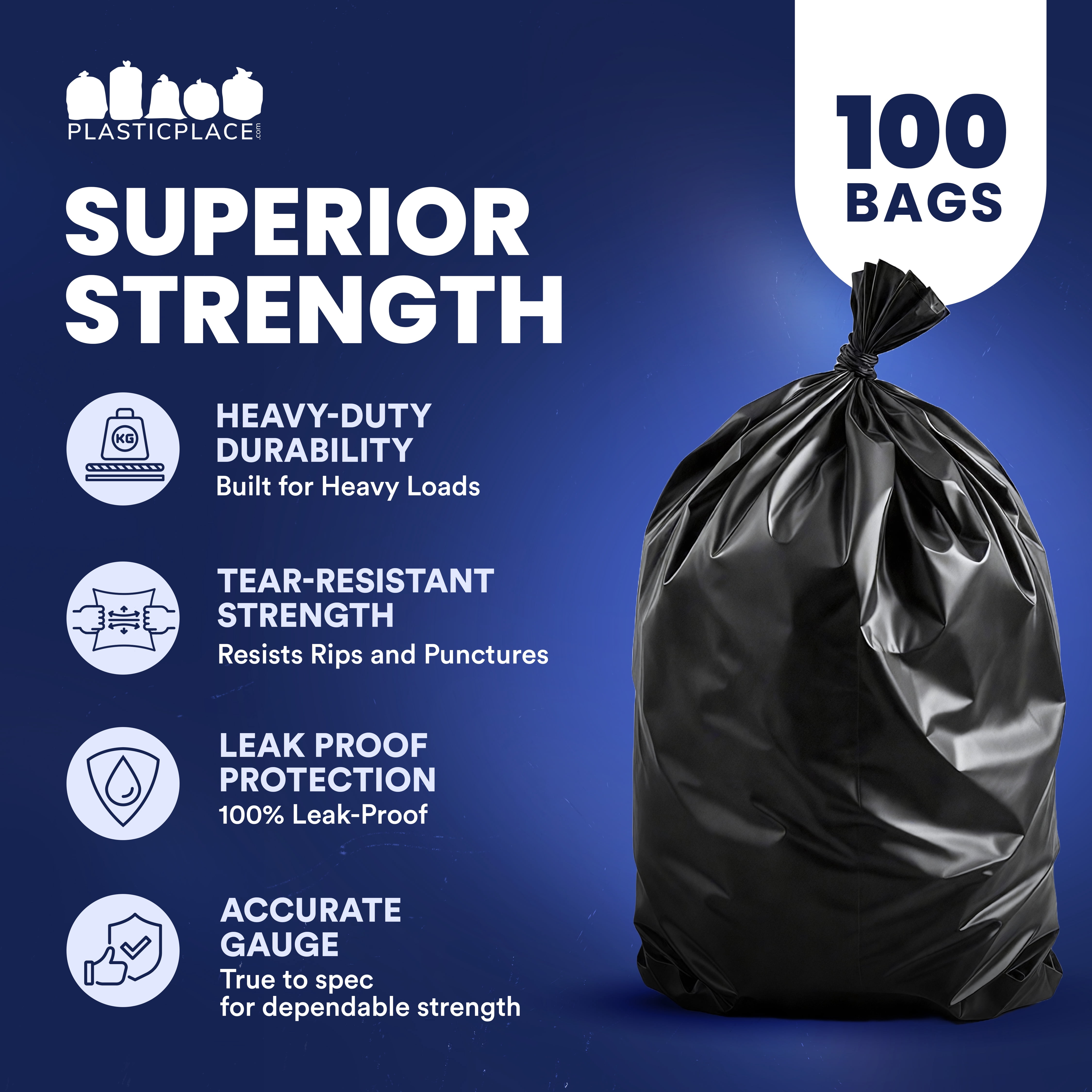 Plasticplace 55 Gallon Trash Bags │1.2 Mil │ 40" x 50" (100 Count), Black