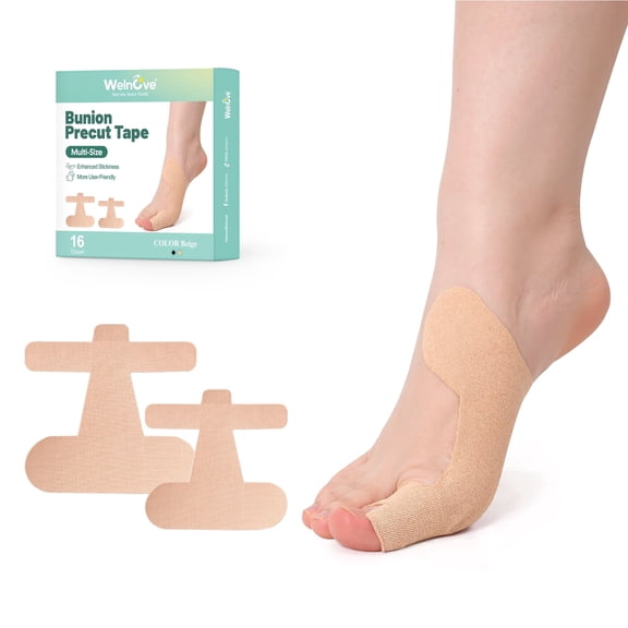 Welnove Kinesiology Tape for Bunion, 16 Pcs Ankle Tape Toe Support & Pain Relief, Breathable Latex-Free Tape, Beige (8 Small 8 Large)