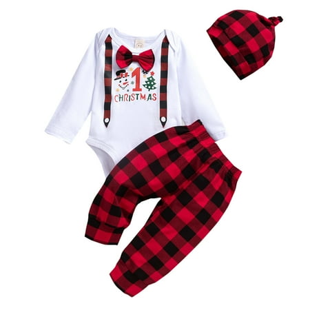 

Boys Girls Christmas Long Sleeve Cartoon Prints Tops Plaid Pants Hat Outfits 3PCS Outfits Clothes Set Baby Boy Short Sleeve Matching Sweatsuit Toddler Boy
