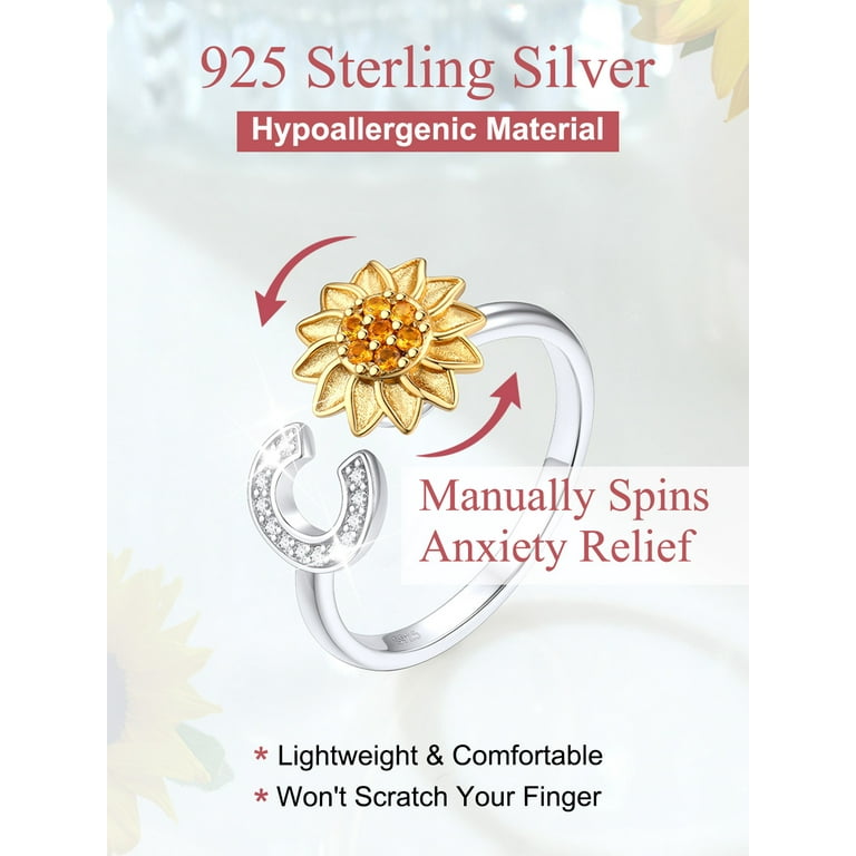 FOCALOOK Rotatable Sunflower Spinner Ring for Women 925 Sterling