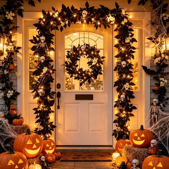 Clearance! Halloween Garland Lighted Dark Vine with Mini Pumpkins Berries for Mantle Fireplace Door Frame Indoor Outdoor Spooky Party Home Decoration Holiday Festival Illuminated Decor