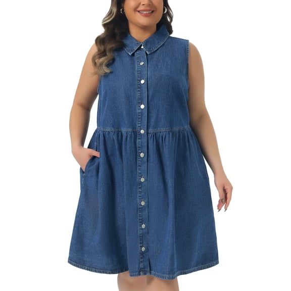 DARING DIVA Women's Plus Denim Dress Sleeveless Babydoll 1X Blue