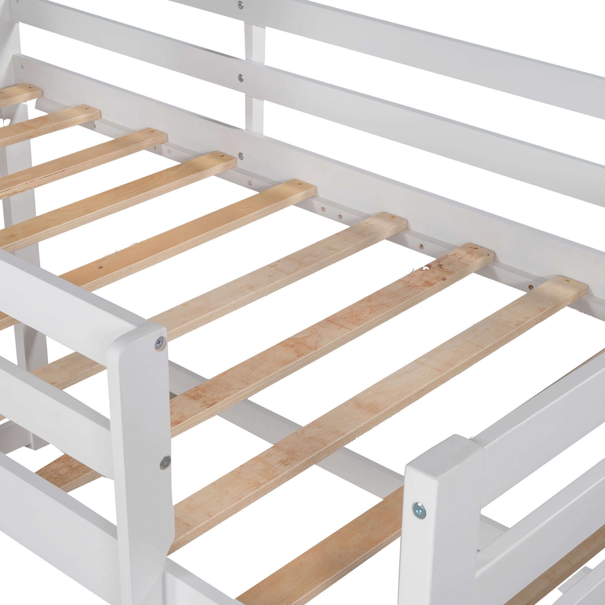 Twin over Twin Low Bunk Bed, Loft House Bed with Roof, Front Window, Ladder, Fence-shaped Guard Rail, Pine Floor Bunk Bed for Kids, Bedroom, Apartments, No Box Spring Needed