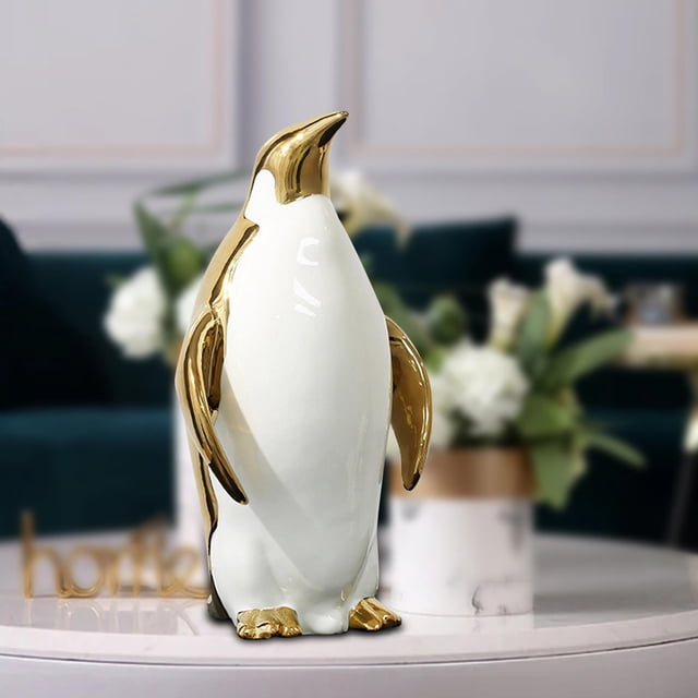 Estatuilla de pingüino, estatuilla de arte de cerámica, artesanía multiusos, decoración del hogar, escultura de Animal para estantería, sala de estar, papá dorado