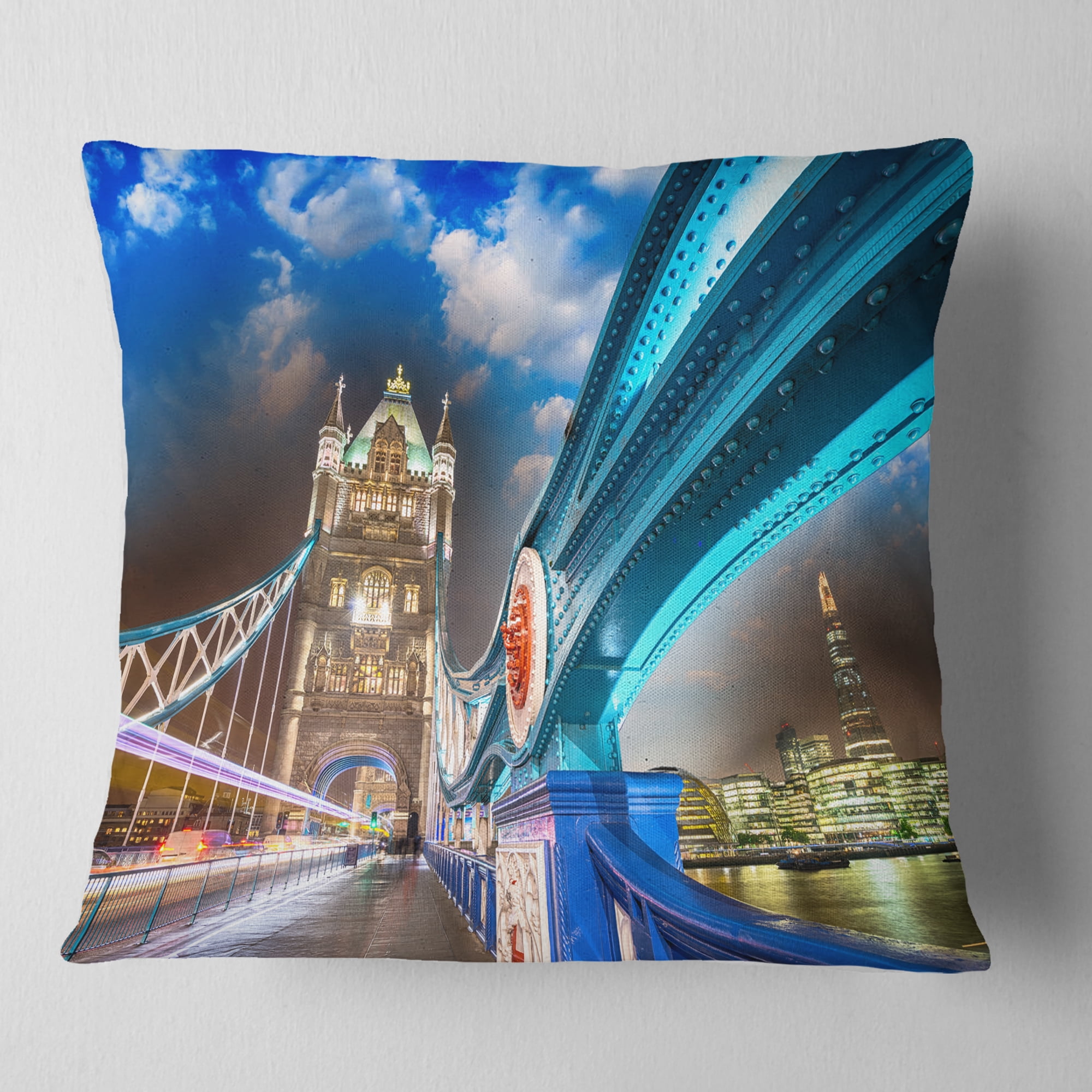 Designart Night over Tower Bridge in London - Cityscape Photo Throw Pillow - 18x18