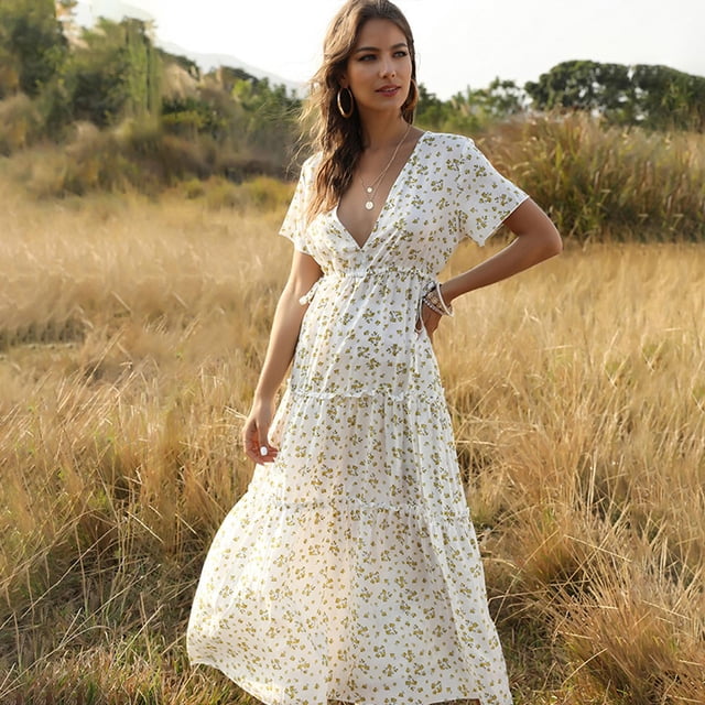 Vestido de mujer Boho estampado floral con cuello en V profundo cintura alta con volantes Split CACAGOO Vestido de mujer