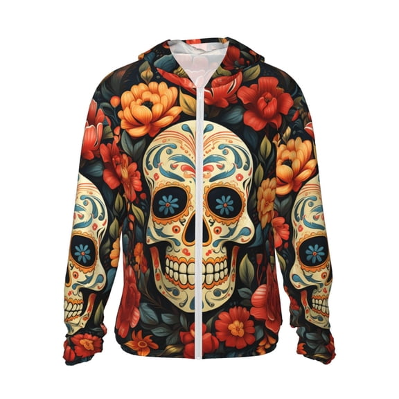 Women Men Sun Protection Hoodie Jacket Zip Long Sleeve Shirt Hiking Outdoor , Skull Day Of The Dead Gothic Skull Flowers