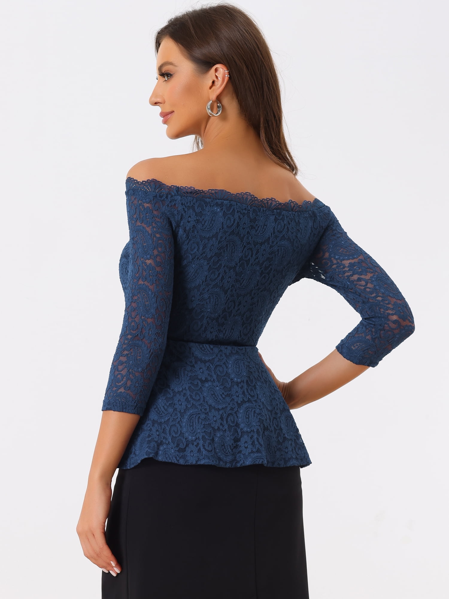 DARING DIVA Lace Off the Shoulder Sheer Peplum Blouse Top S Dark Blue