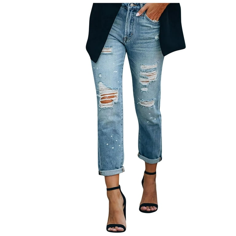 LAWOR Denim Leggings For Women Women Solid Color Hole Low Waist Jeans  Flares Ankle Trendy Pants Trouser 