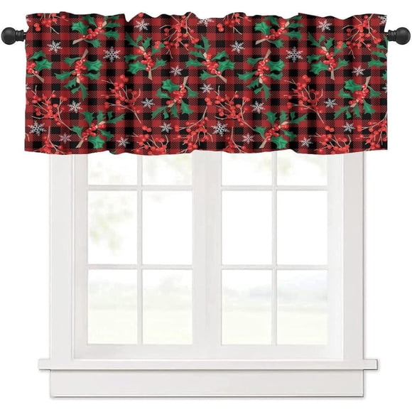Merry Christmas Valance Curtains,Traditional Xmas Ornaments Tree Winter Snowflakes Print Red Short Topper Window Treatments for Farmhouse Kitchen Living Room Decor,54x18inch