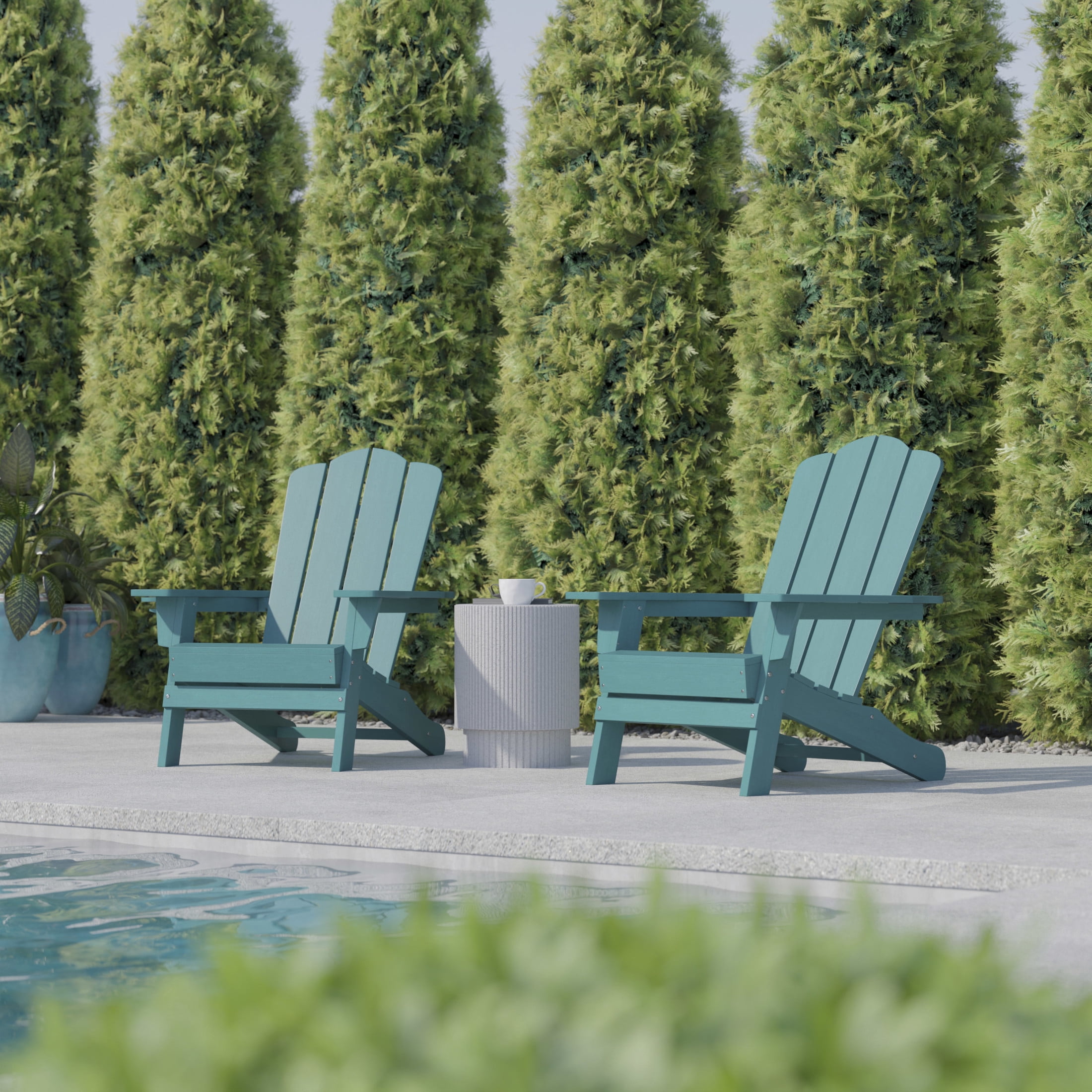 BizChair Adirondack Chair with Cup Holder, Weather Resistant HDPE Adirondack Chair in Blue, Set of 2