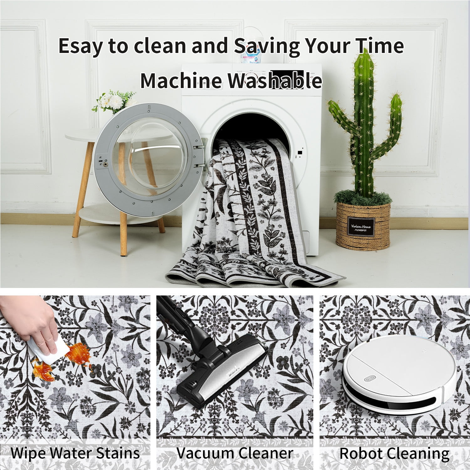 Astorug 6x9 Ft Black Floral Area Rug - Machine Washable Low Pile Non-Slip Carpet, Boho Vintage Farmhouse Decor for Living Room, Bedroom, Nursery & Office