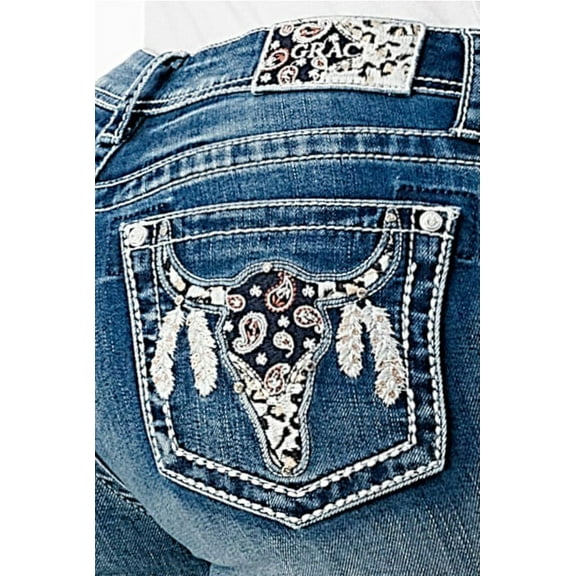 Grace in LA Women's Western Steerhead Feather Embroidered Stretch Bootcut Jeans (25, Blue)