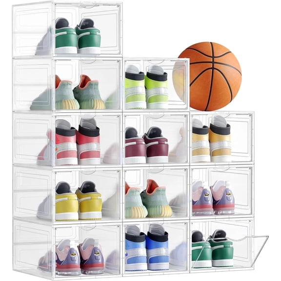 8 Pack Shoe Boxes Stackable, Storage Boxes with Clear Magnetic Door,Multifunctional Sneaker Organizer Fit up to US Size 12 (13.8”x 9.84”x 7.1”)