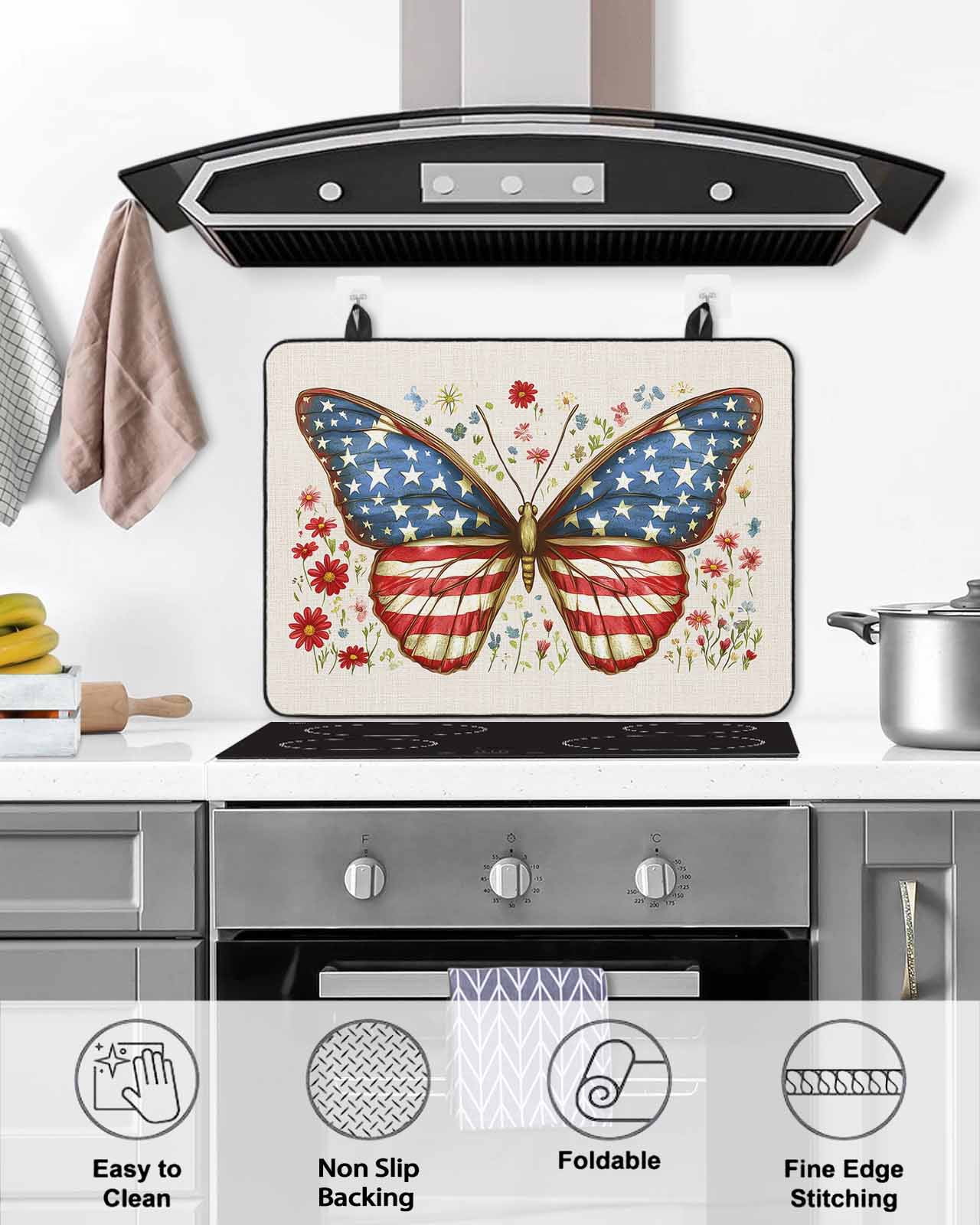 nqOlkjepod Large Induction Cooktop Protector Mat 24"x21", 4th of July Stove Top Covers for Electric Stove, Independence Day Butterfly Botanical Stove Burner Cover Mats, Glass Top Stove Cover