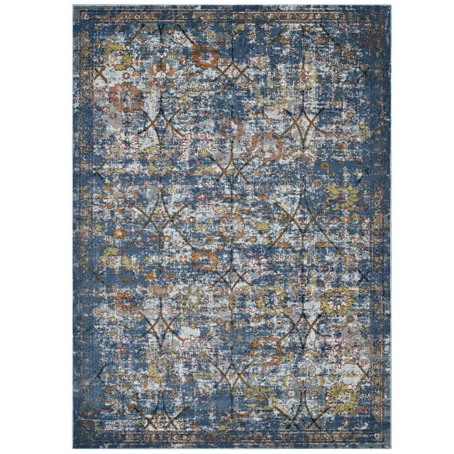 Modway R-1091-46 Minu Distressed Floral Lattice 4x6 Area Rug - Blue Gray, Yellow and Orange