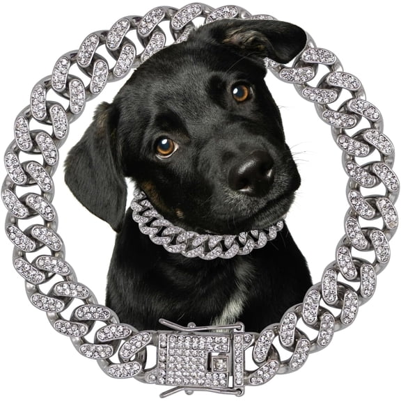 Dog Chain Diamond Collar 18K Gold Plated Walking Metal Chain 12 mm Wide Necklace with Secure Buckle Pet Cuban Style Collar Jewelry Accessories for Small Medium Large Dog Cats