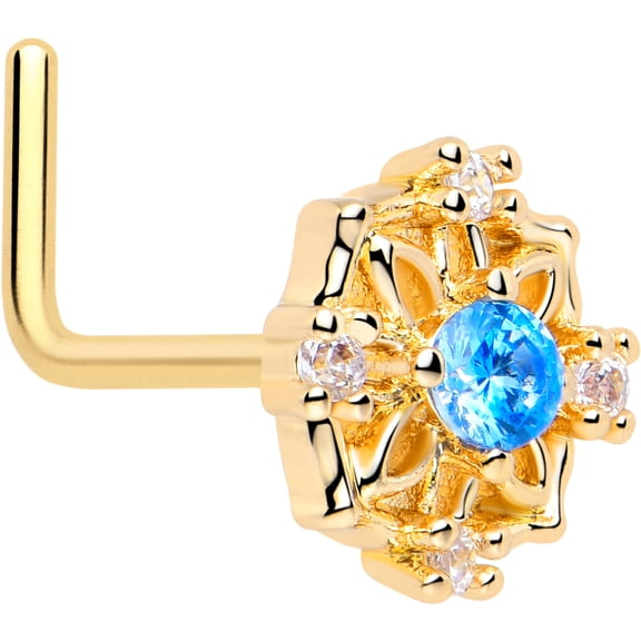 Body Candy 20 Gauge 7mm Blue CZ Gem Gold Tone Flower Ring L Shape Nose Ring Stainless Steel for Women