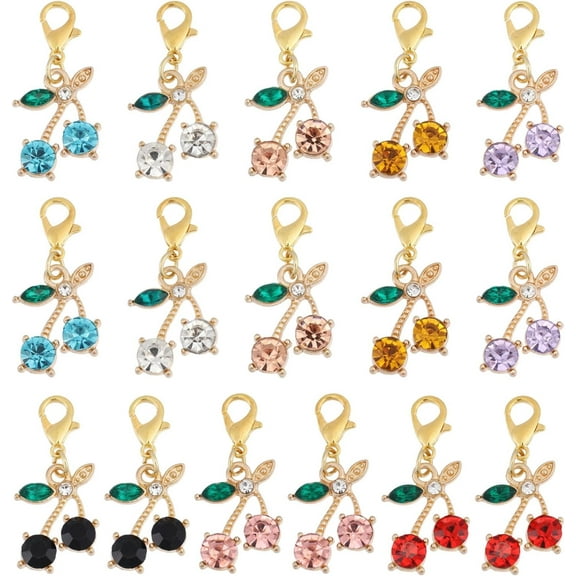 16pcs 8 colors Cherry Alloy Rhinestone Pendants Decorations with Alloy Lobster Claw Clasps Mixed color 32mm 2pcs/color
