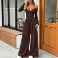 thumbnail image 6 of ClodeEU Women's V Neck Halter Tie Off Shoulder Long Sleeve Cinched Waist Wide Leg Jumpsuit ,Casual High Waist Fashion Romper ,Women's Plus XXL, 6 of 7