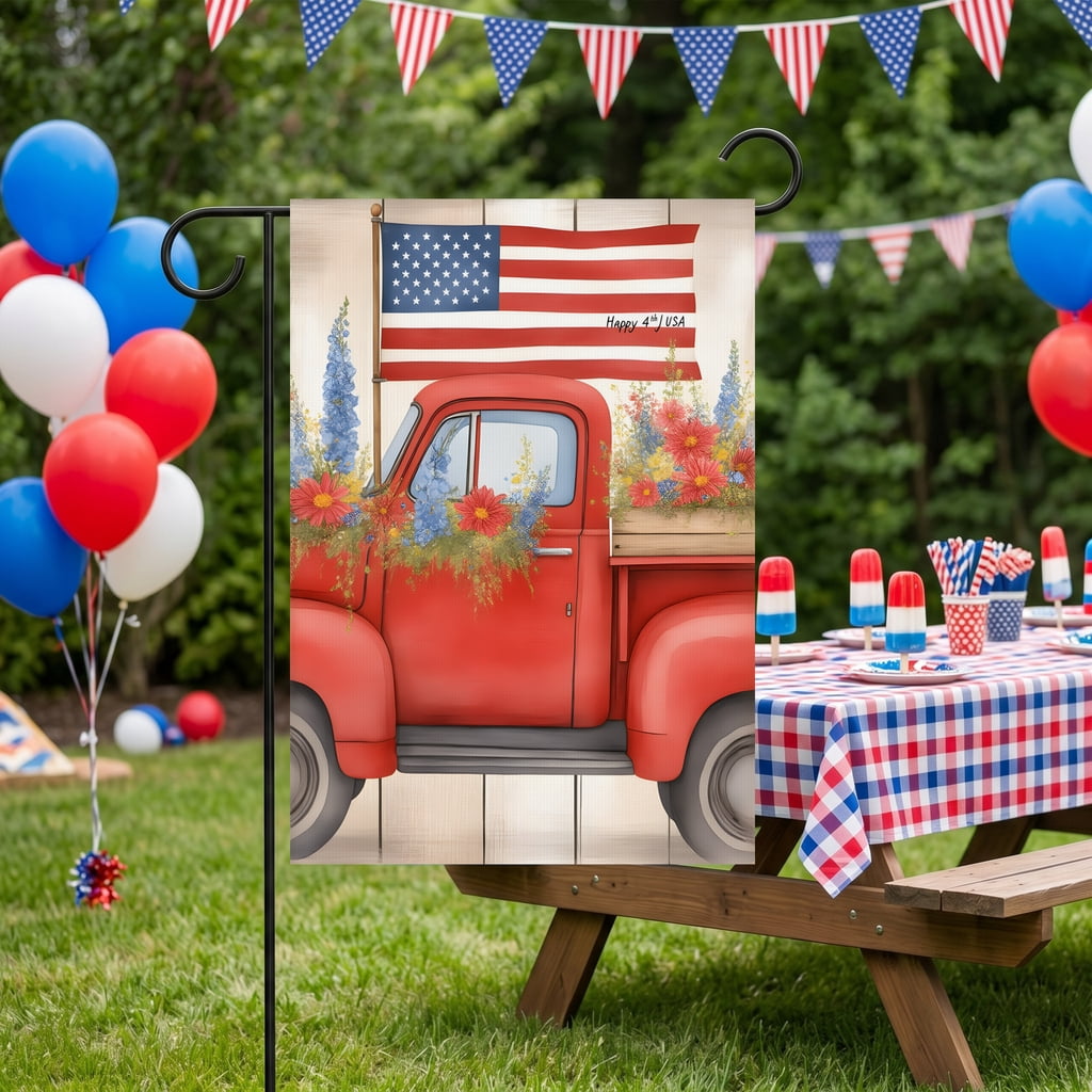 Fourth Of July Garden Flag A Red Truck With A Flag On The Back Of It. Happy 4th Usa 250 Year American Anniversary Flag 28x40 Inch American Flag Outdoor Decor