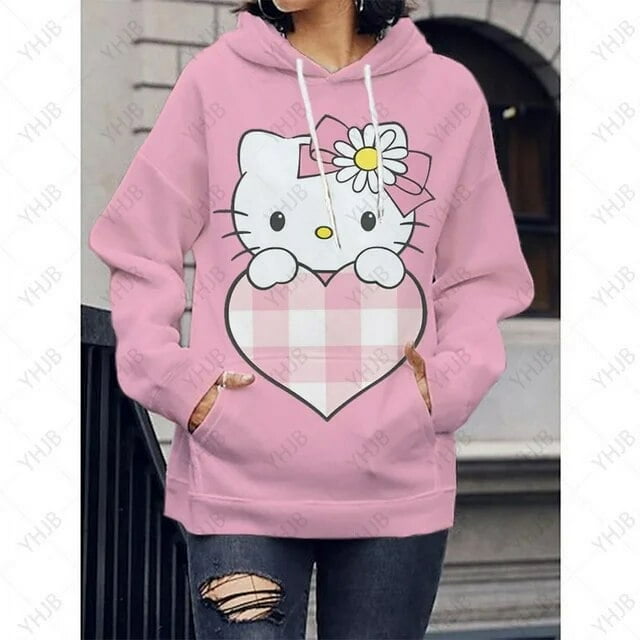 2023 Nouveau Hello Kitty Impression 3D Chandails à Capuchon pour Femmes Chandails Décontractés pour Femmes Chandail à Capuchon à Manches Longues Chandail à Enfiler pour Femme Hoody Chandails