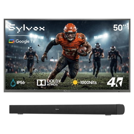 SYLVOX 50" Outdoor TV with Soundbar, 4K UHD Google TV for Partial Sun Outside 1000nit Brightness, IP55 Weatherproof, Dolby Atmos, Voice Remote (Deck Pro 3.0)