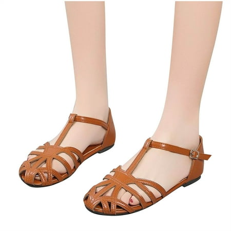 

SHENGXINY Retro Women s Sandals Roman Literary Style Hollow Female Shoes 2022 Summer Solid Color Thick Heels Flat Bottom Ladies Shoes
