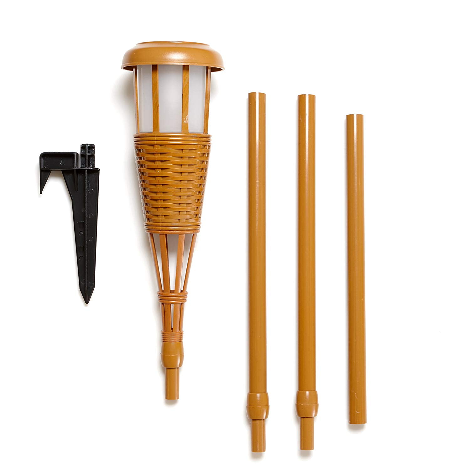 Solar Flickering LED Island Torches, Dusk-to-Dawn Dancing Flame Outdoor Landscape Lighting, Bamboo Finish, 2-Pack