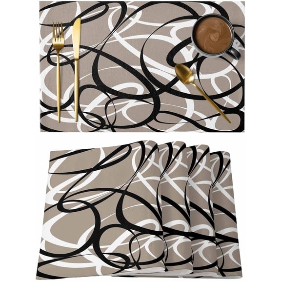 Placemats Set of 4, Brown Geometric Washable Wipeable Table Mats for Dining Tables, Vintage Black White Striped Abstract Art Indoor Outdoor Waterproof Kitchen Place Mats for Holiday Table Decor