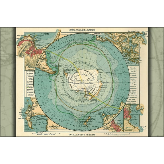 24"x36" Gallery Poster, map of Antarctica, from Justhus Perthes Atlas 1906