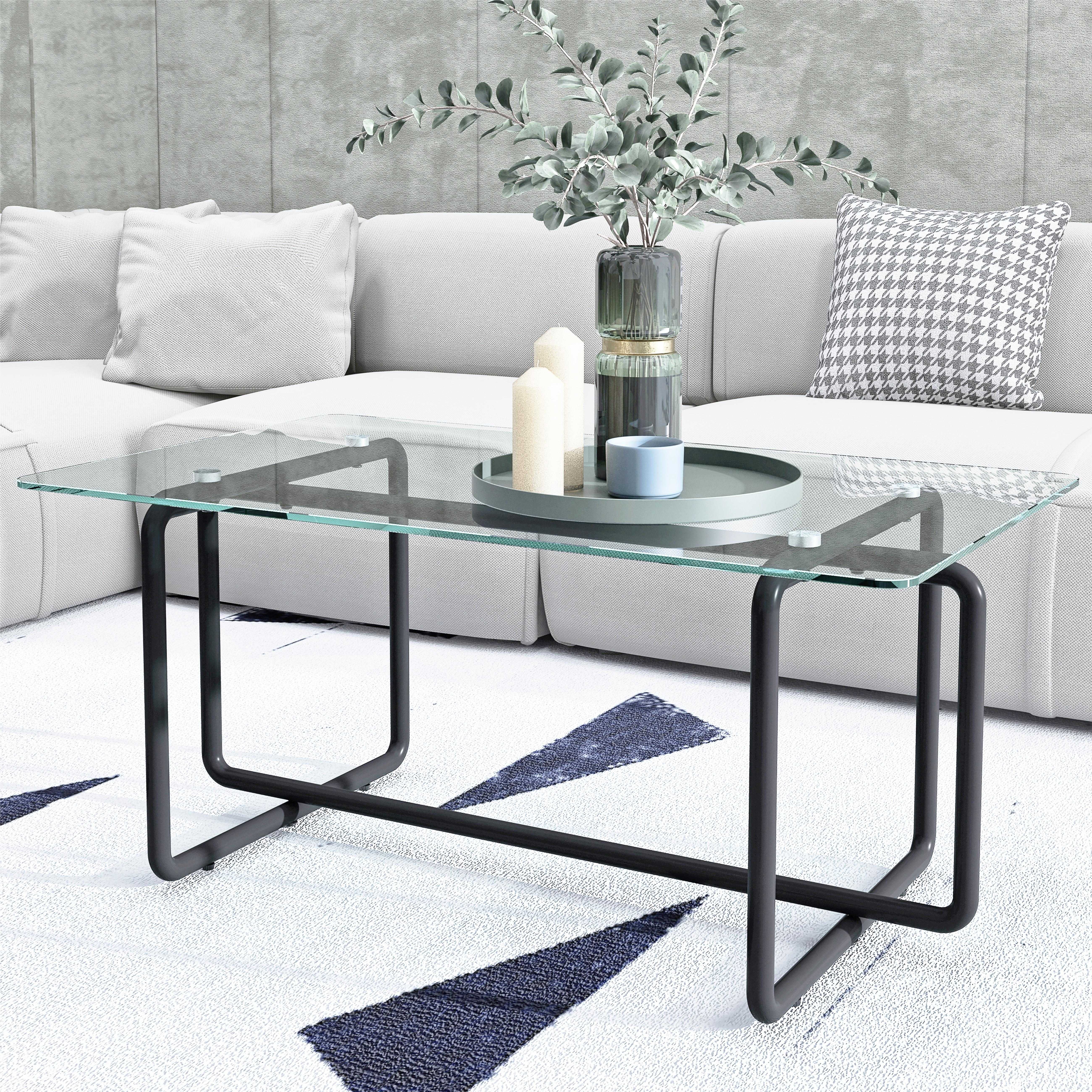 Glass Coffee Table,Clear Rectangle Glass Coffee Table, Modern Coffee Table with Metal Legs,Transparent