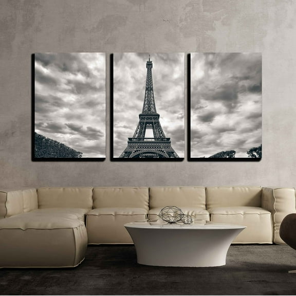 wall26 - 3 Piece Canvas Wall Art - Eiffel Tower with Dramatic Sky Monochrome Black and White - Modern Home Art Stretched and Framed Ready to Hang - 16"x24"x3 Panels
